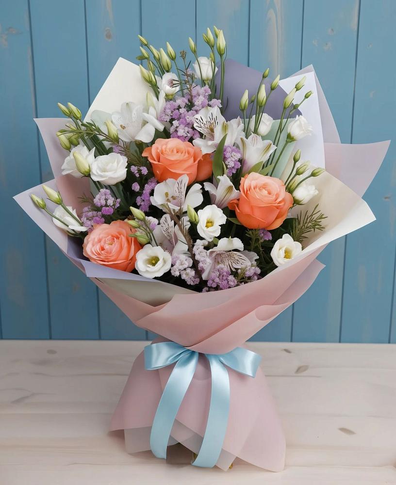 Букет цветов из: Лизиантусы, Розы, Альстромерии и Гипсофила в Усть-Цильме